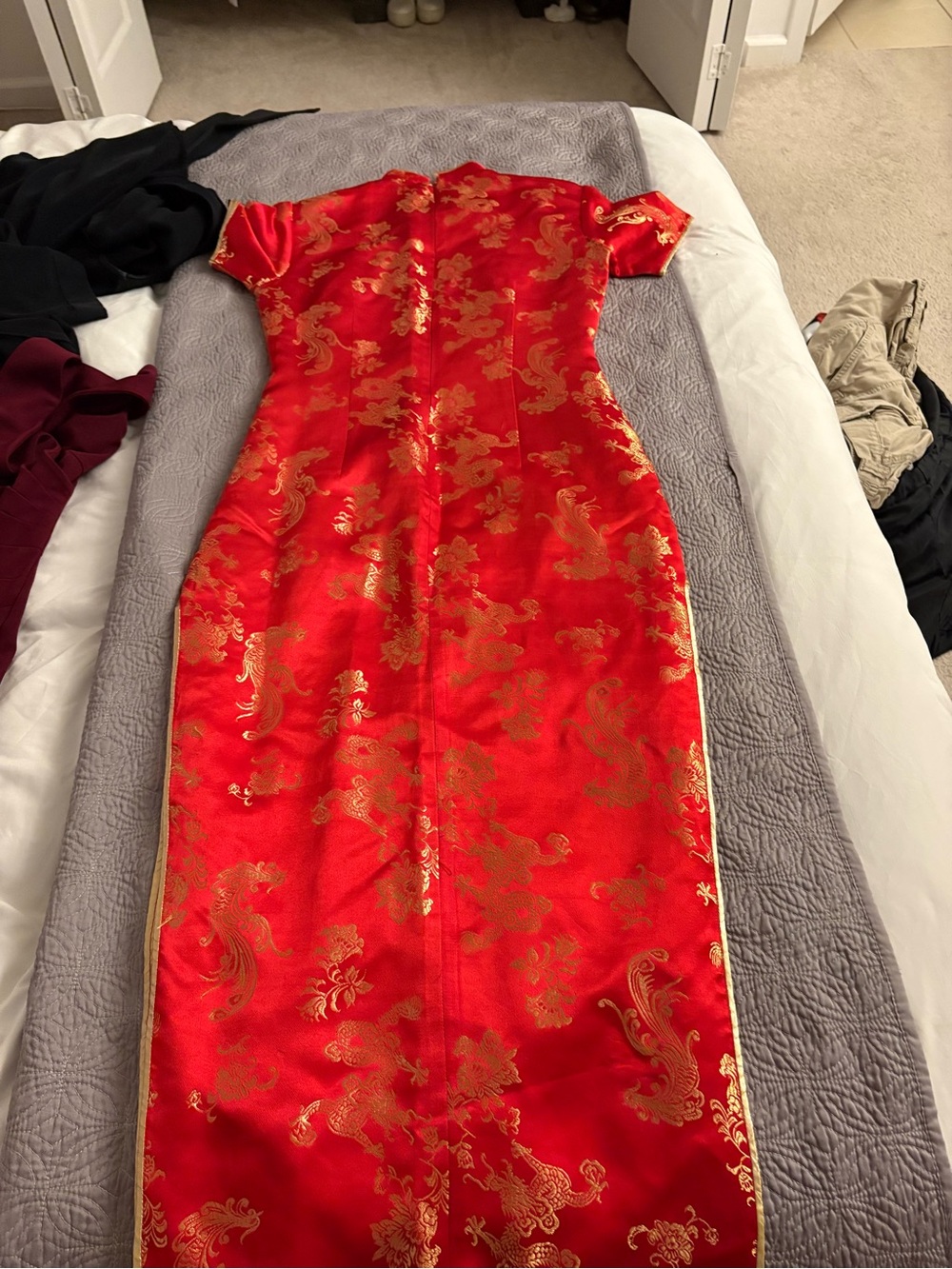 Red Satin Maxi Cheongsam Dress with Gold Brocade Detailing